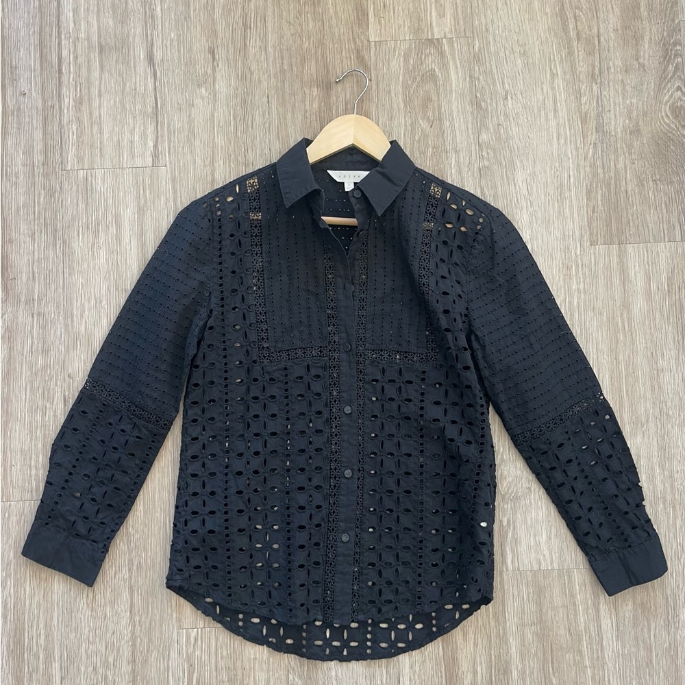 Adiva Black Eyelet Lace Button-Up Blouse Size M feminine classic